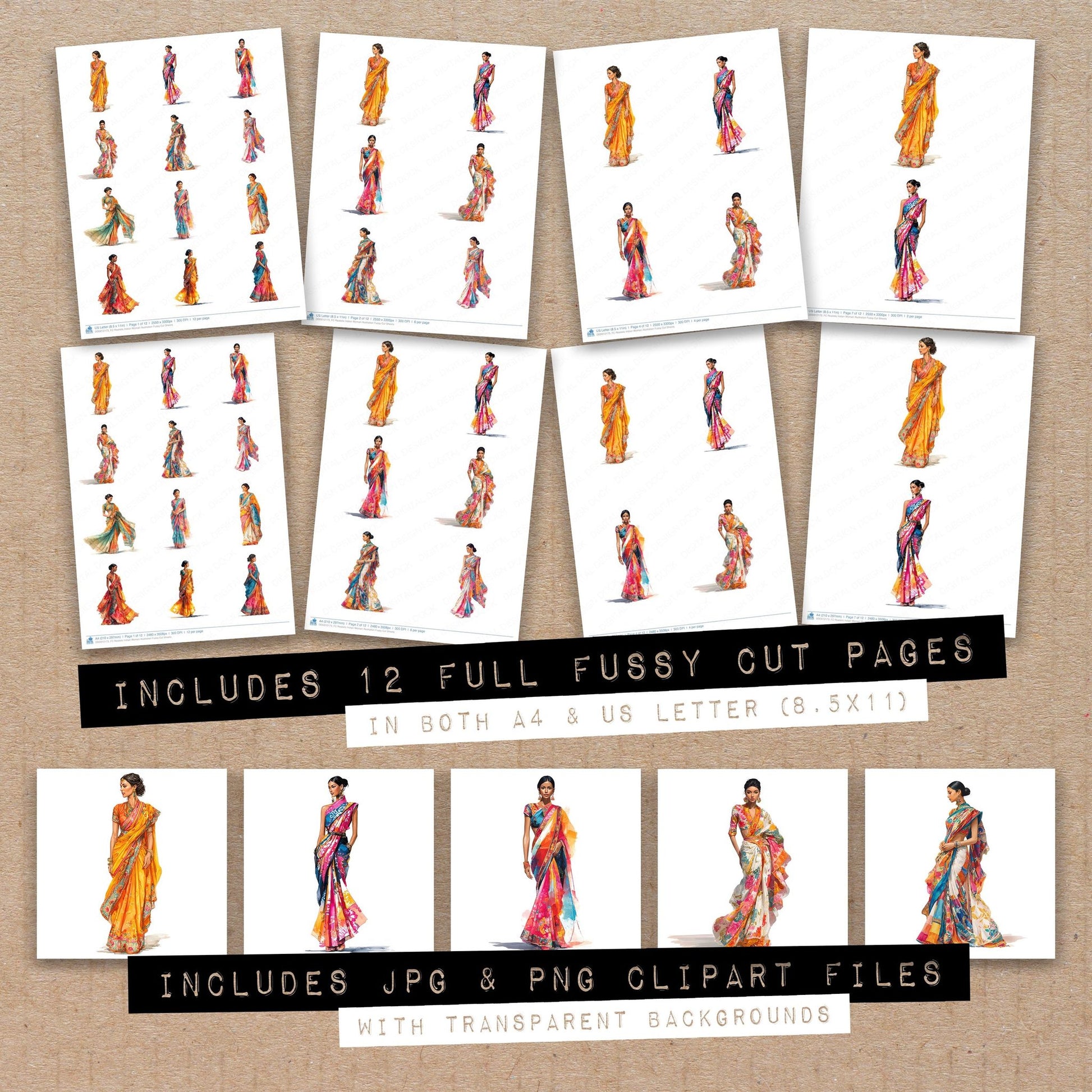 Full collection view of Realistic Indian Woman Illustration fussy cut sheets with bonus clipart JPG and PNG files