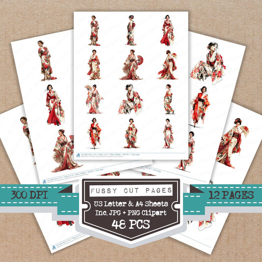 Realistic Japanese Woman Illustration fussy cut printable sheets for junk journaling, scrapbooking, and paper craft projects