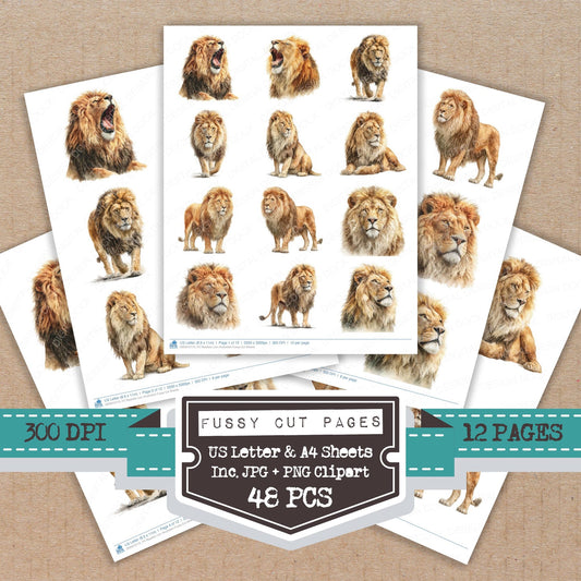 Realistic Lion Illustration fussy cut printable sheets for junk journaling, scrapbooking, and paper craft projects