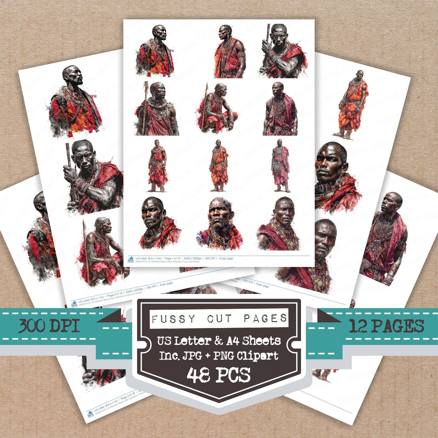 Realistic Maasai Man Illustration fussy cut printable sheets for junk journaling, scrapbooking, and paper craft projects