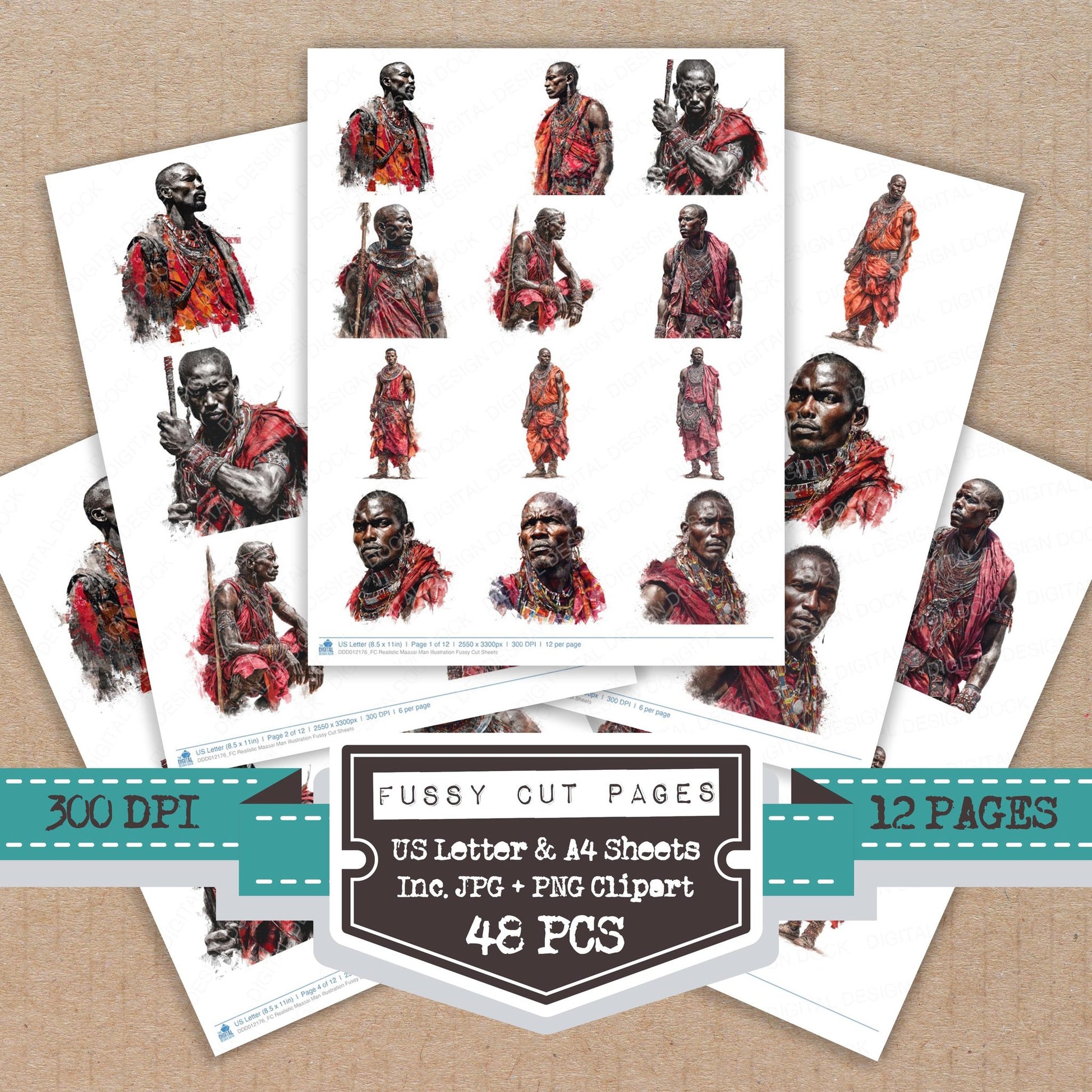 Realistic Maasai Man Illustration fussy cut printable sheets for junk journaling, scrapbooking, and paper craft projects