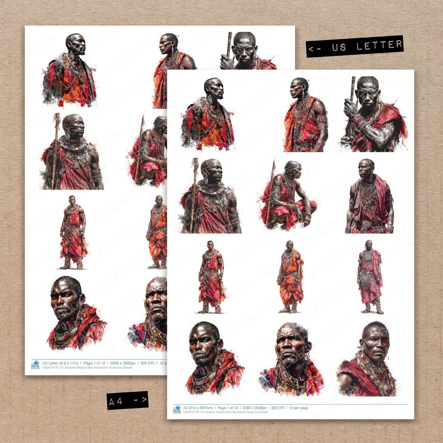 A4 and US Letter format comparison showing Realistic Maasai Man Illustration fussy cut pages for print and cut crafting