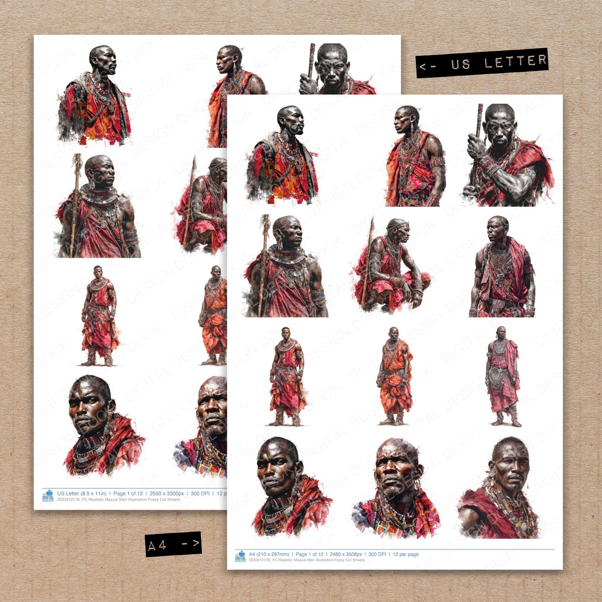 A4 and US Letter format comparison showing Realistic Maasai Man Illustration fussy cut pages for print and cut crafting