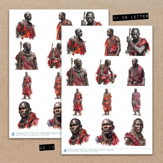 A4 and US Letter format comparison showing Realistic Maasai Man Illustration fussy cut pages for print and cut crafting