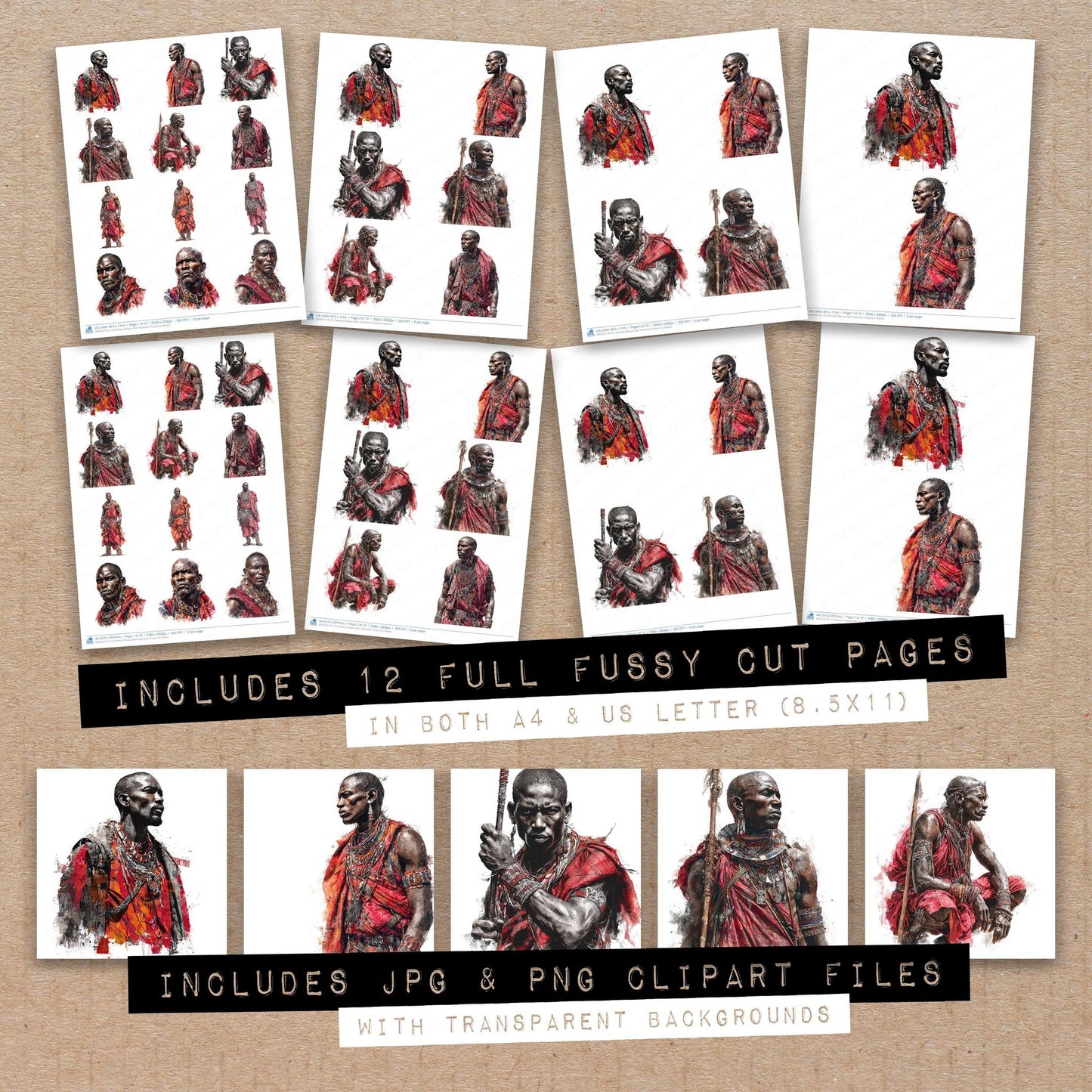 Full collection view of Realistic Maasai Man Illustration fussy cut sheets with bonus clipart JPG and PNG files