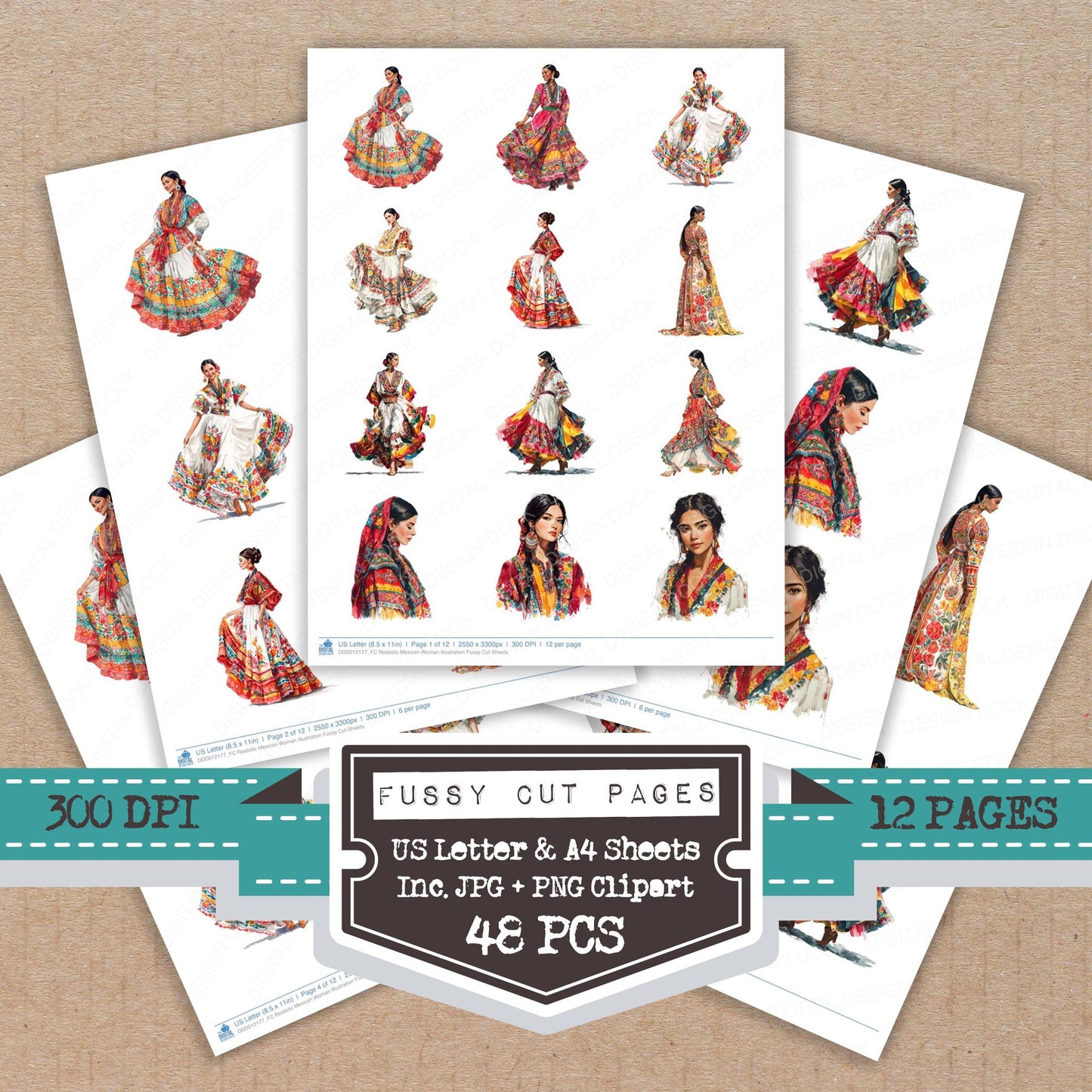 Realistic Mexican Woman Illustration fussy cut printable sheets for junk journaling, scrapbooking, and paper craft projects