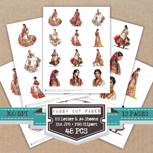 Realistic Mexican Woman Illustration fussy cut printable sheets for junk journaling, scrapbooking, and paper craft projects