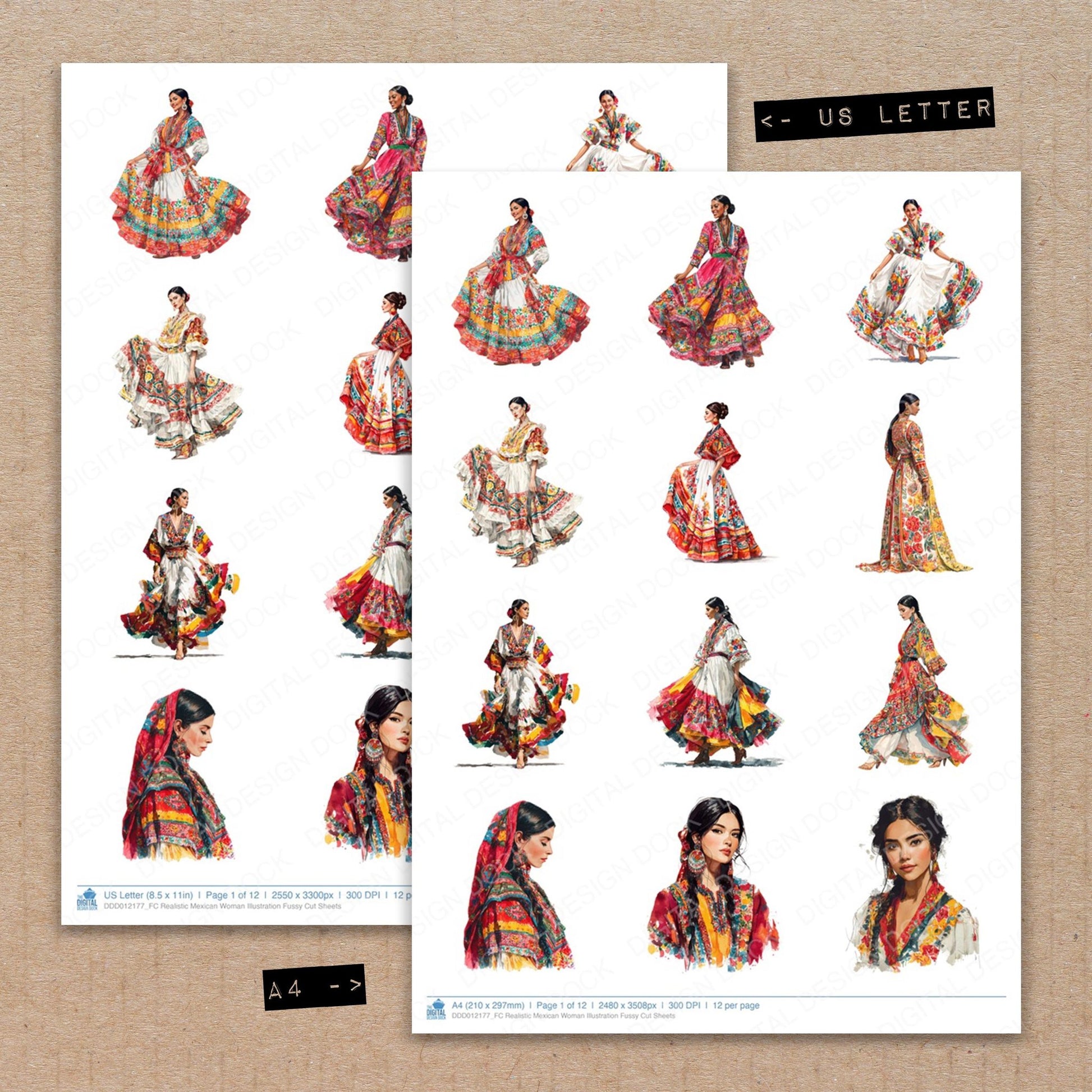 A4 and US Letter format comparison showing Realistic Mexican Woman Illustration fussy cut pages for print and cut crafting