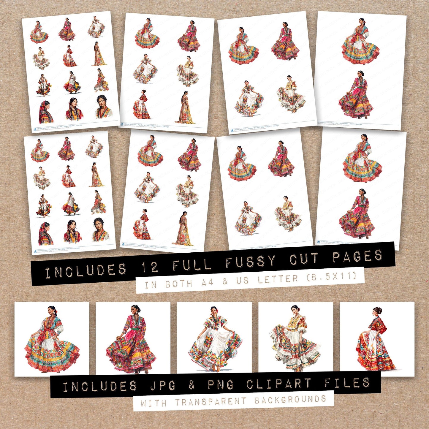 Full collection view of Realistic Mexican Woman Illustration fussy cut sheets with bonus clipart JPG and PNG files