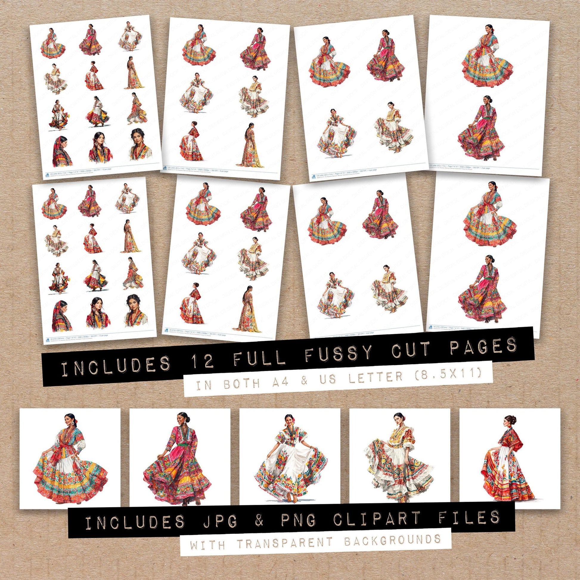 Full collection view of Realistic Mexican Woman Illustration fussy cut sheets with bonus clipart JPG and PNG files