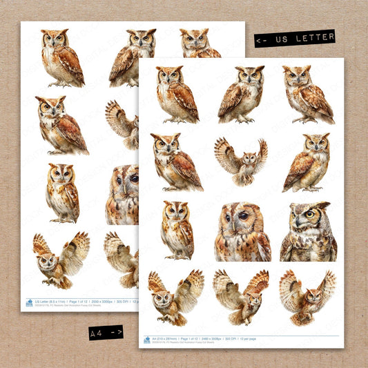 A4 and US Letter format comparison showing Realistic Owl Illustration fussy cut pages for print and cut crafting