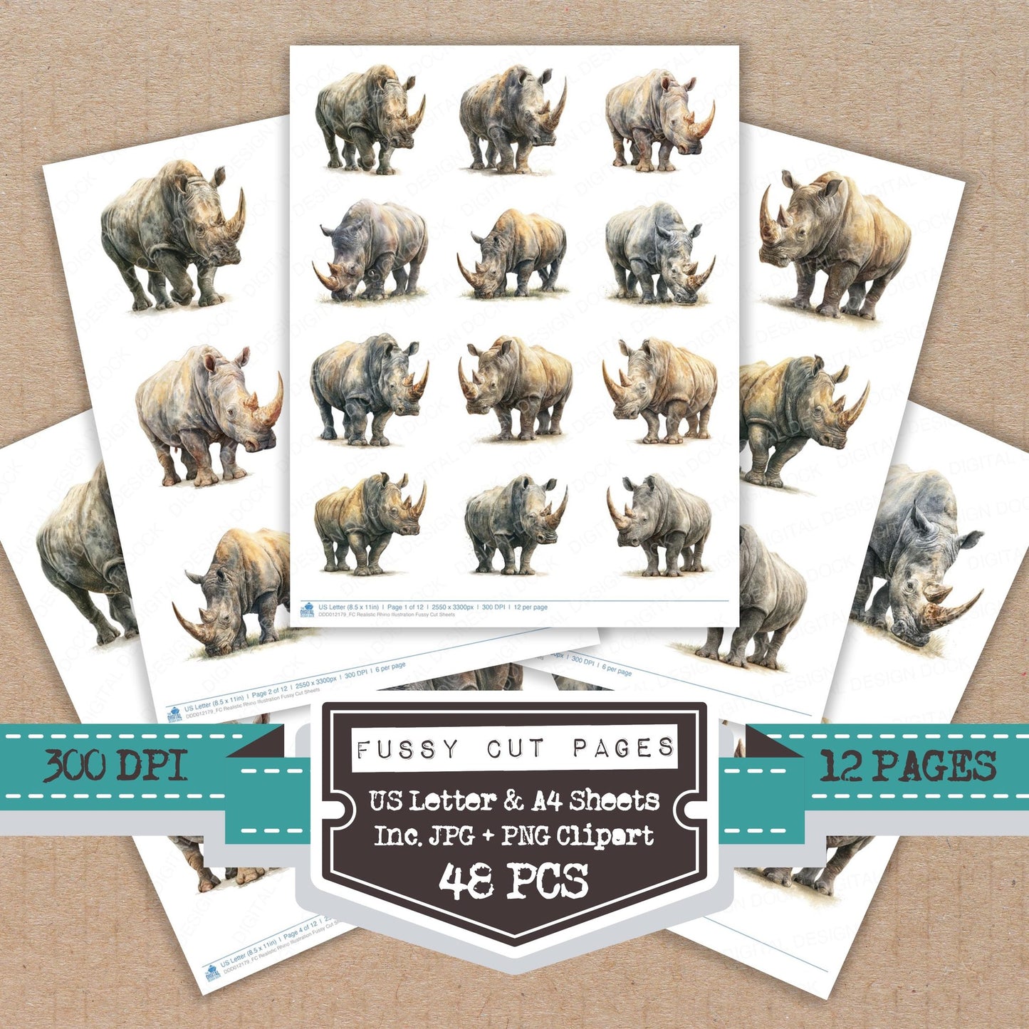 Realistic Rhino Illustration fussy cut printable sheets for junk journaling, scrapbooking, and paper craft projects