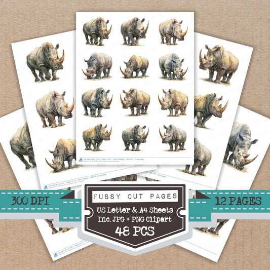 Realistic Rhino Illustration fussy cut printable sheets for junk journaling, scrapbooking, and paper craft projects