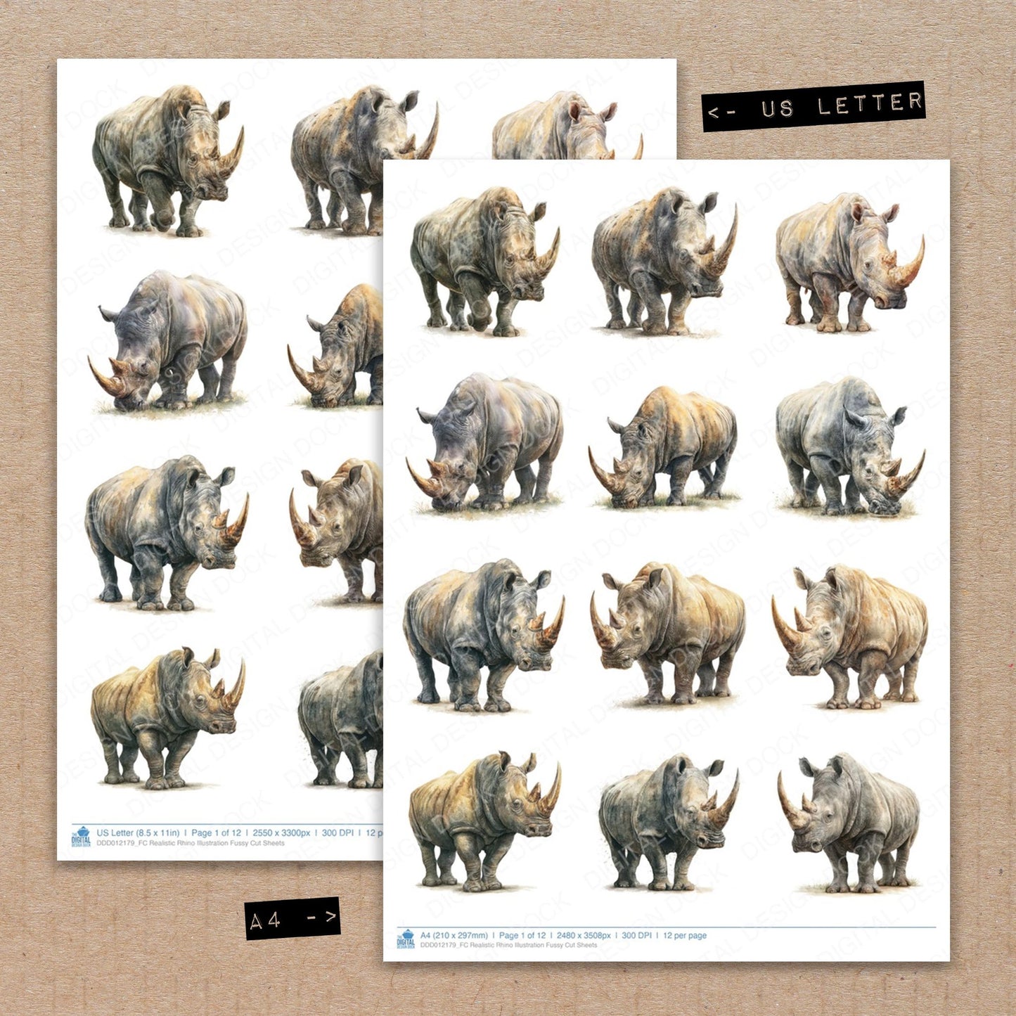 A4 and US Letter format comparison showing Realistic Rhino Illustration fussy cut pages for print and cut crafting