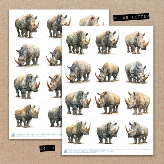 A4 and US Letter format comparison showing Realistic Rhino Illustration fussy cut pages for print and cut crafting