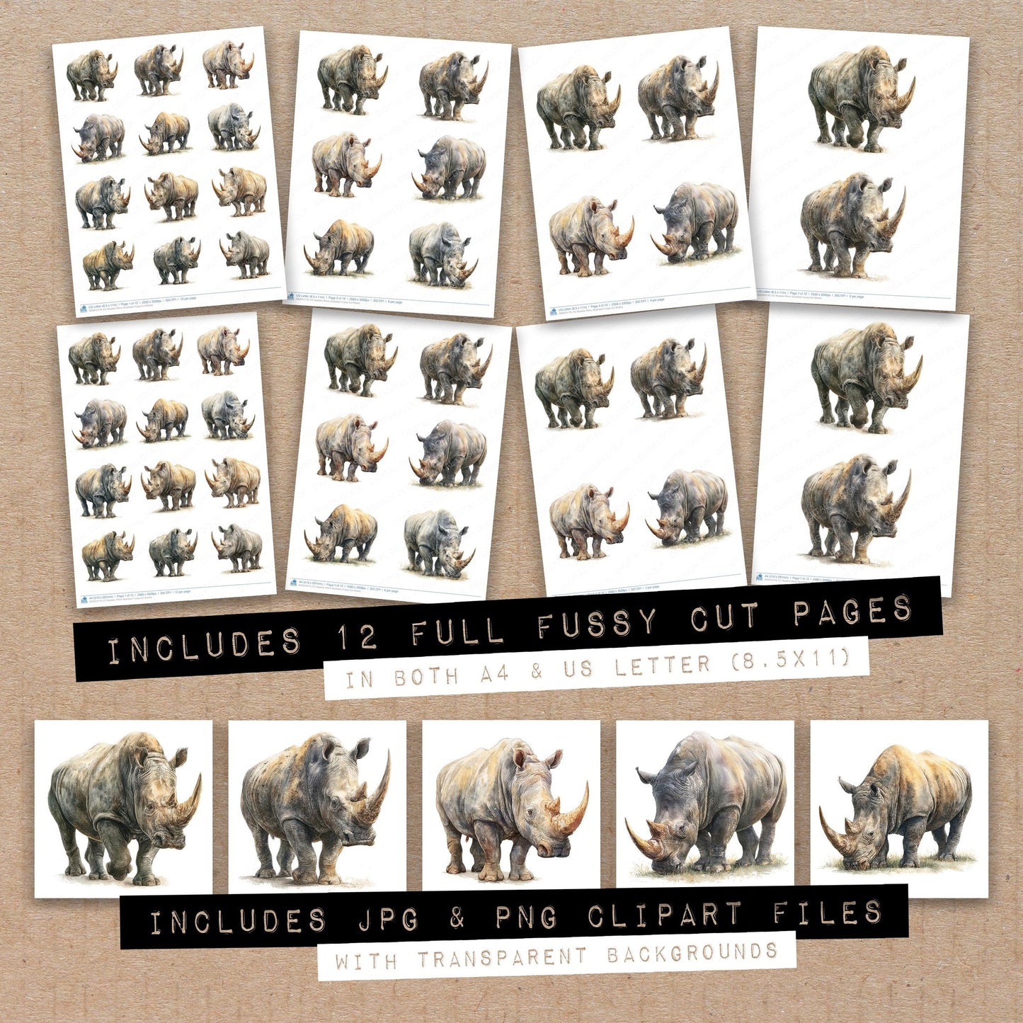 Full collection view of Realistic Rhino Illustration fussy cut sheets with bonus clipart JPG and PNG files