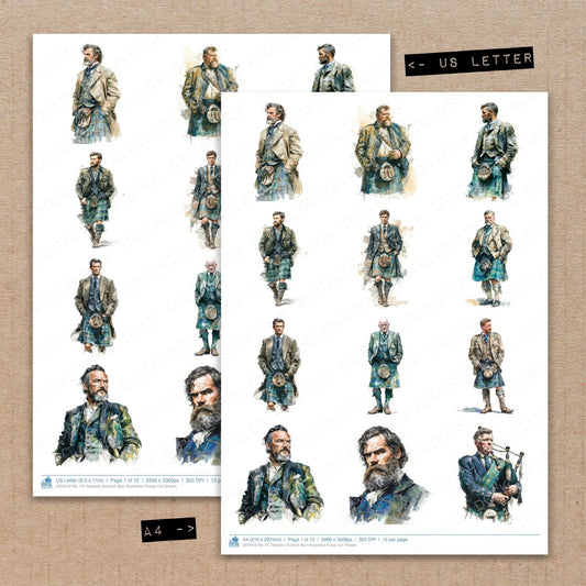 A4 and US Letter format comparison showing Realistic Scottish Man Illustration fussy cut pages for print and cut crafting