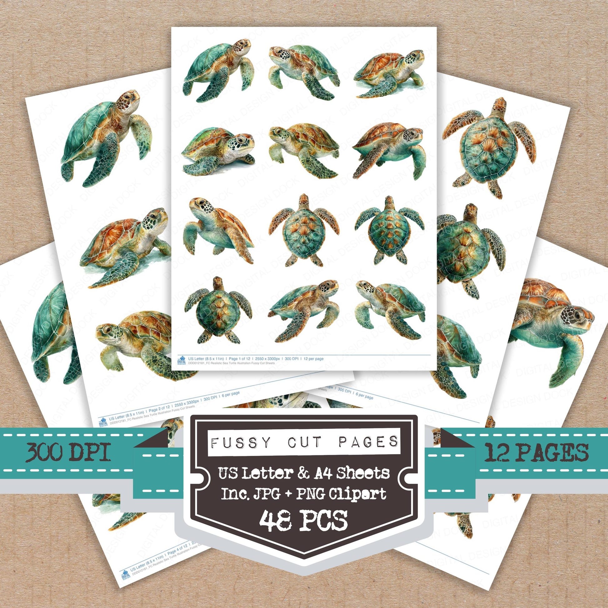 Realistic Sea Turtle Illustration fussy cut printable sheets for junk journaling, scrapbooking, and paper craft projects
