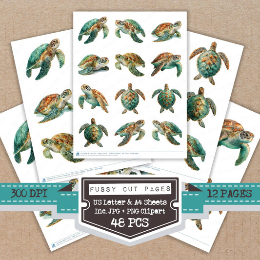 Realistic Sea Turtle Illustration fussy cut printable sheets for junk journaling, scrapbooking, and paper craft projects