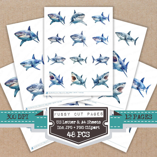 Realistic Shark Illustration fussy cut printable sheets for junk journaling, scrapbooking, and paper craft projects