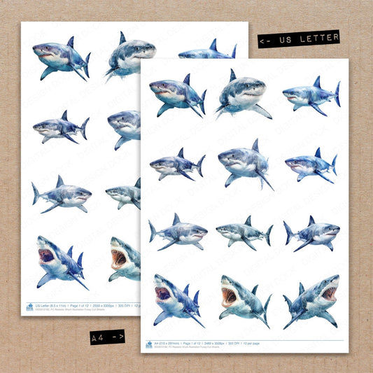 A4 and US Letter format comparison showing Realistic Shark Illustration fussy cut pages for print and cut crafting