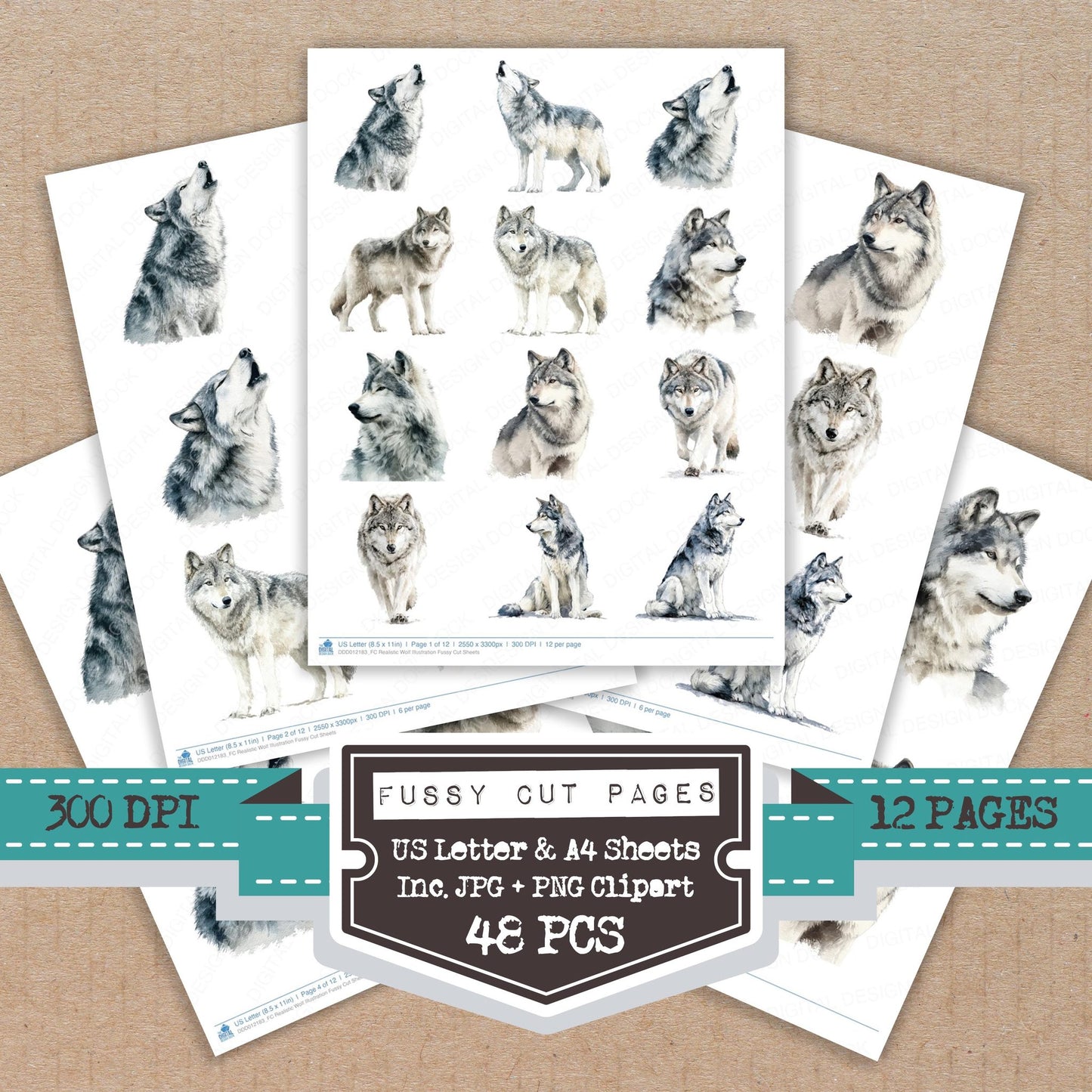 Realistic Wolf Illustration fussy cut printable sheets for junk journaling, scrapbooking, and paper craft projects