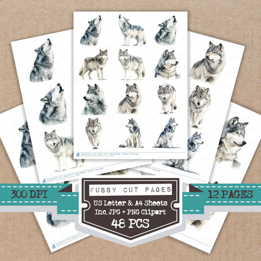 Realistic Wolf Illustration fussy cut printable sheets for junk journaling, scrapbooking, and paper craft projects