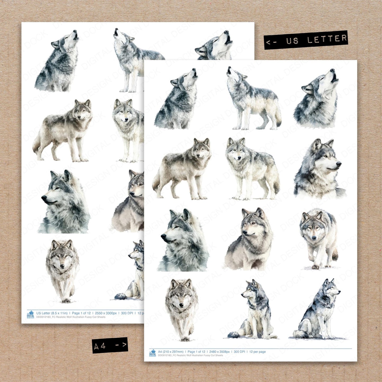 A4 and US Letter format comparison showing Realistic Wolf Illustration fussy cut pages for print and cut crafting