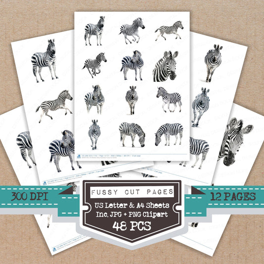 Realistic Zebra Illustration fussy cut printable sheets for junk journaling, scrapbooking, and paper craft projects