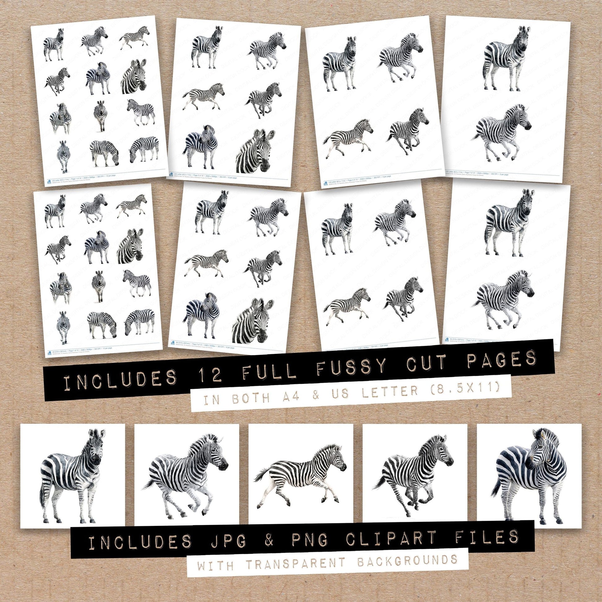 Full collection view of Realistic Zebra Illustration fussy cut sheets with bonus clipart JPG and PNG files
