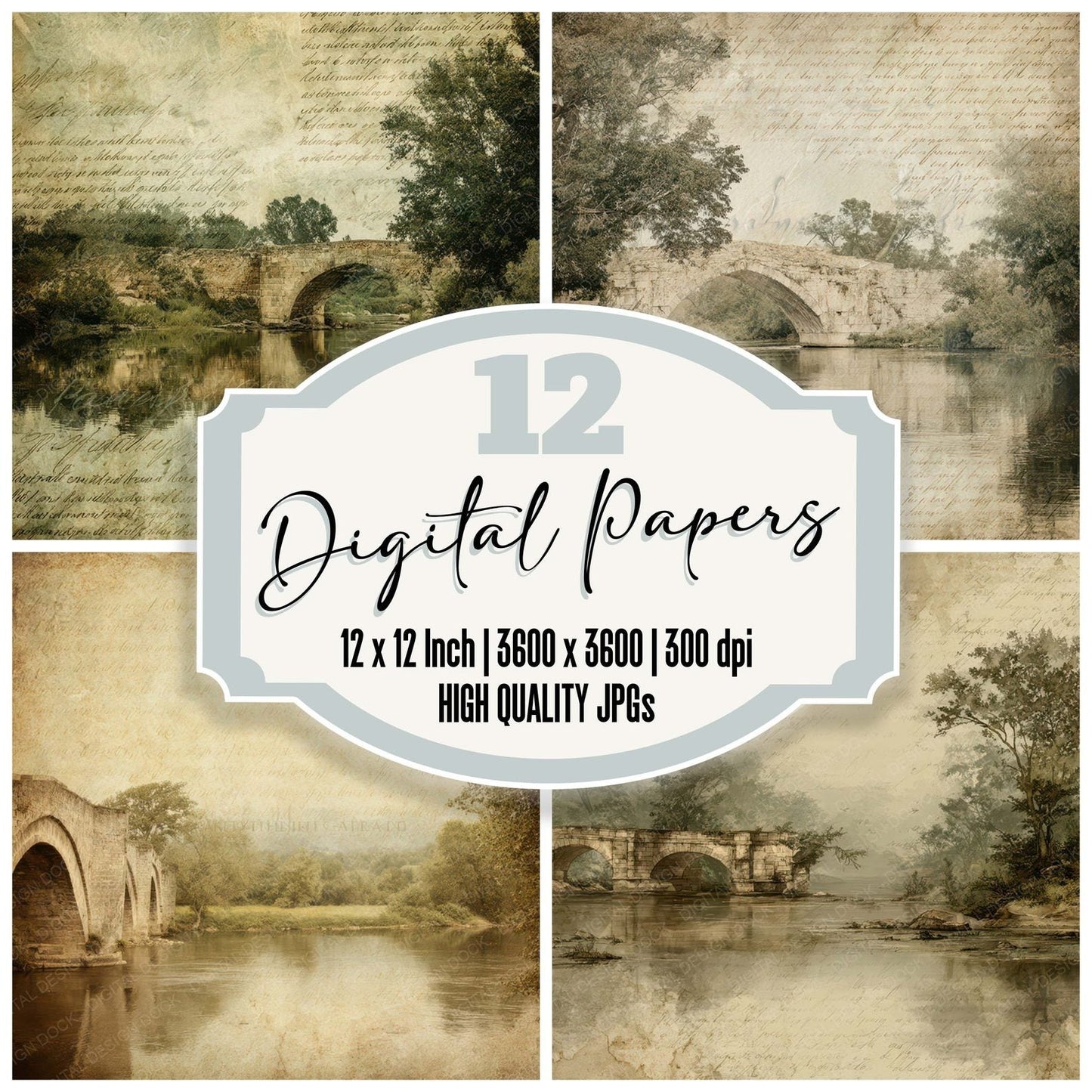 Old Stone Bridge River Scene Digital Paper Pack (DDD012185)