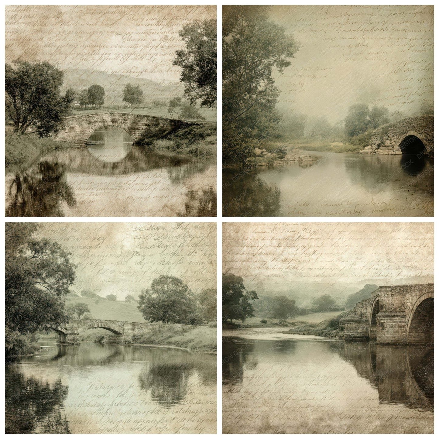 Old Stone Bridge River Scene Digital Paper Pack (DDD012185)