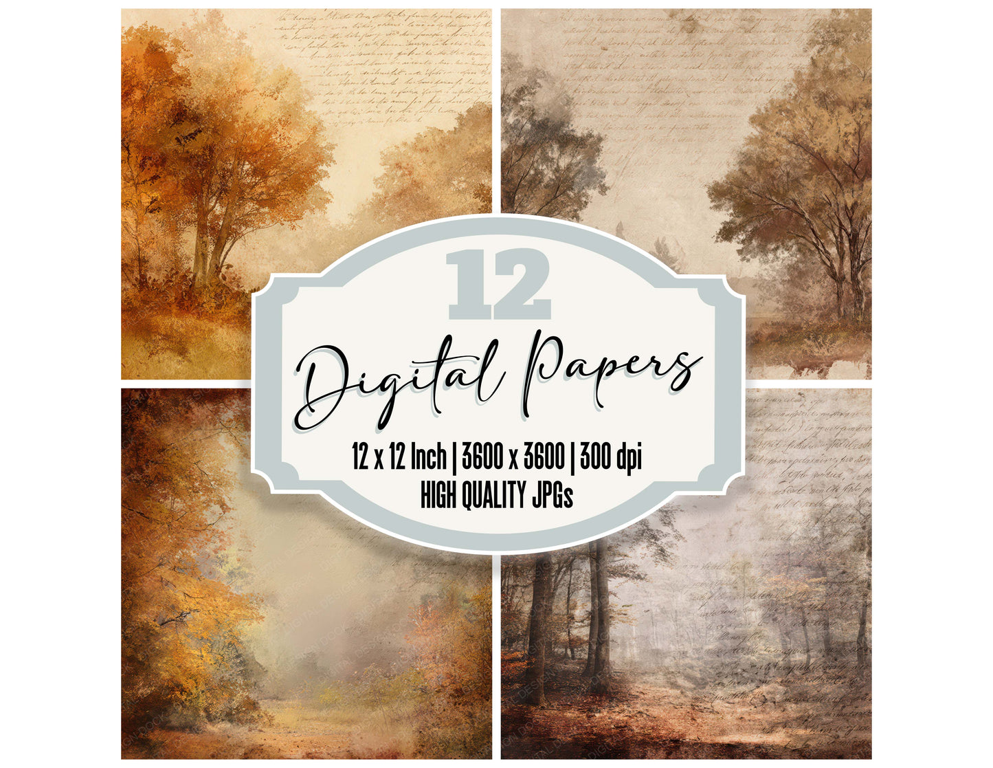 Vintage Autumn Woodland Scene digital paper pack designed for background pages in junk journaling and paper craft projects