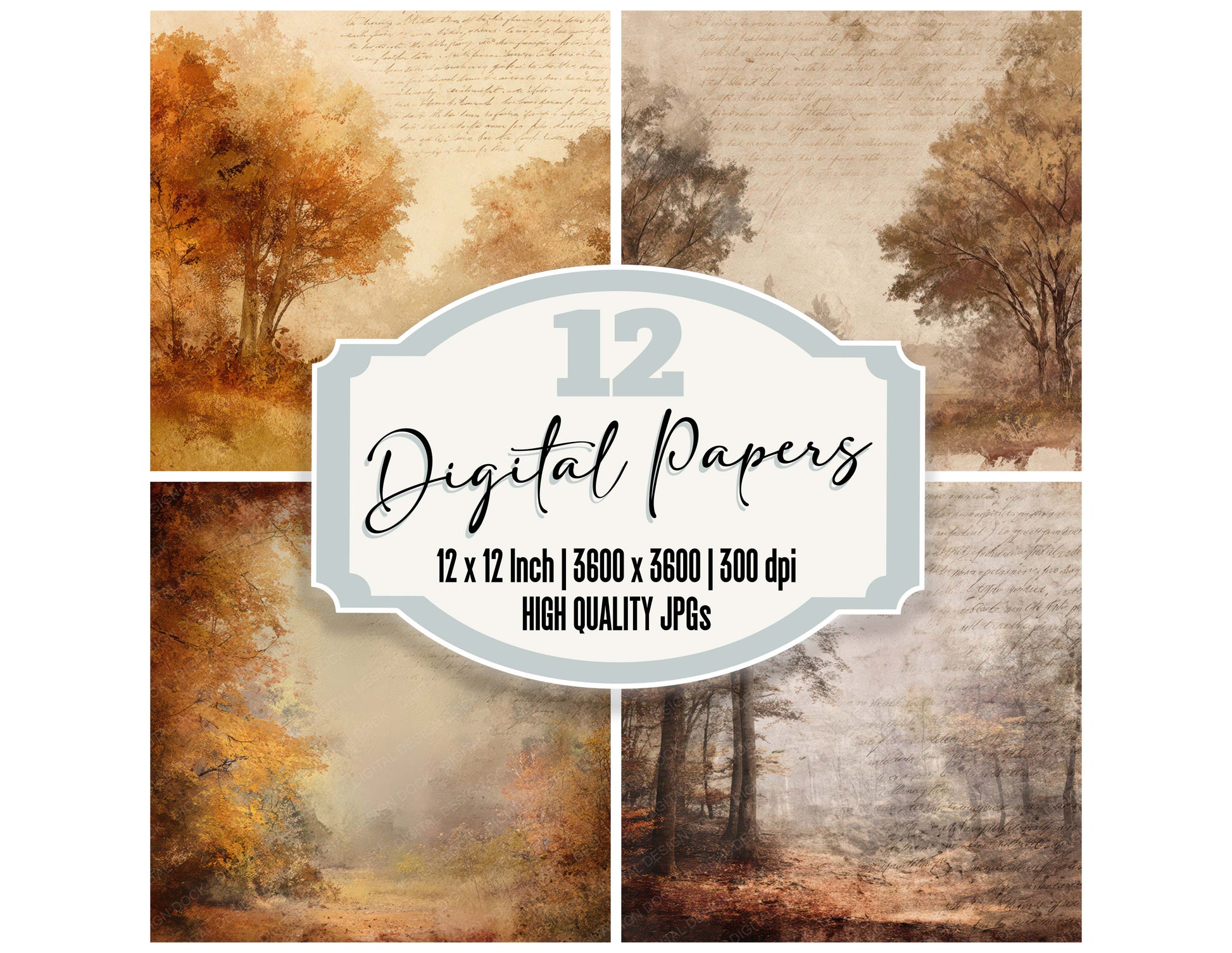 Vintage Autumn Woodland Scene digital paper pack designed for background pages in junk journaling and paper craft projects