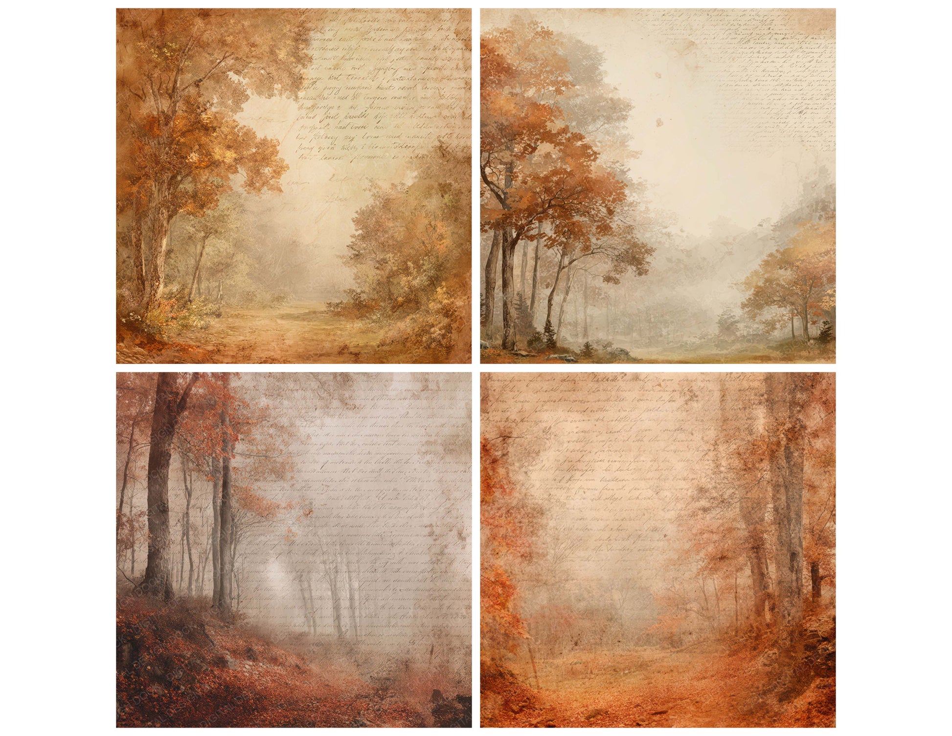 Preview layout showing Vintage Autumn Woodland Scene papers arranged as background pages for junk journals and mixed media crafts