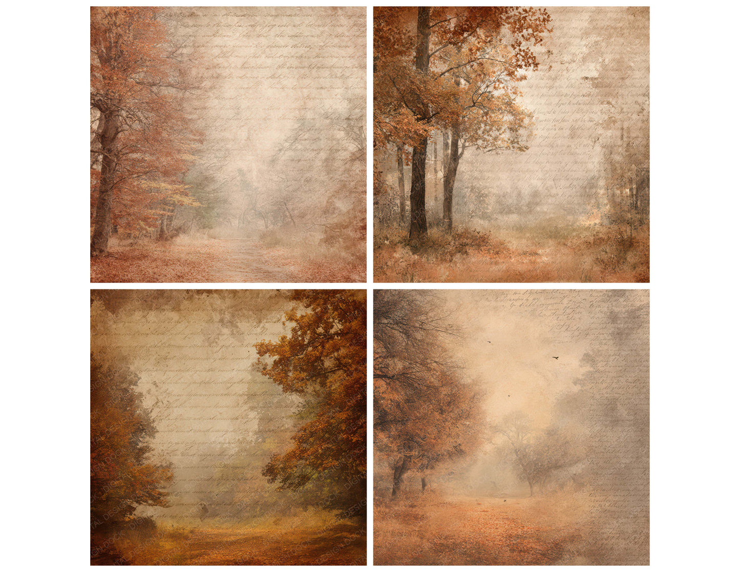 Close view of Vintage Autumn Woodland Scene background papers highlighting collage composition and cohesive colour tones