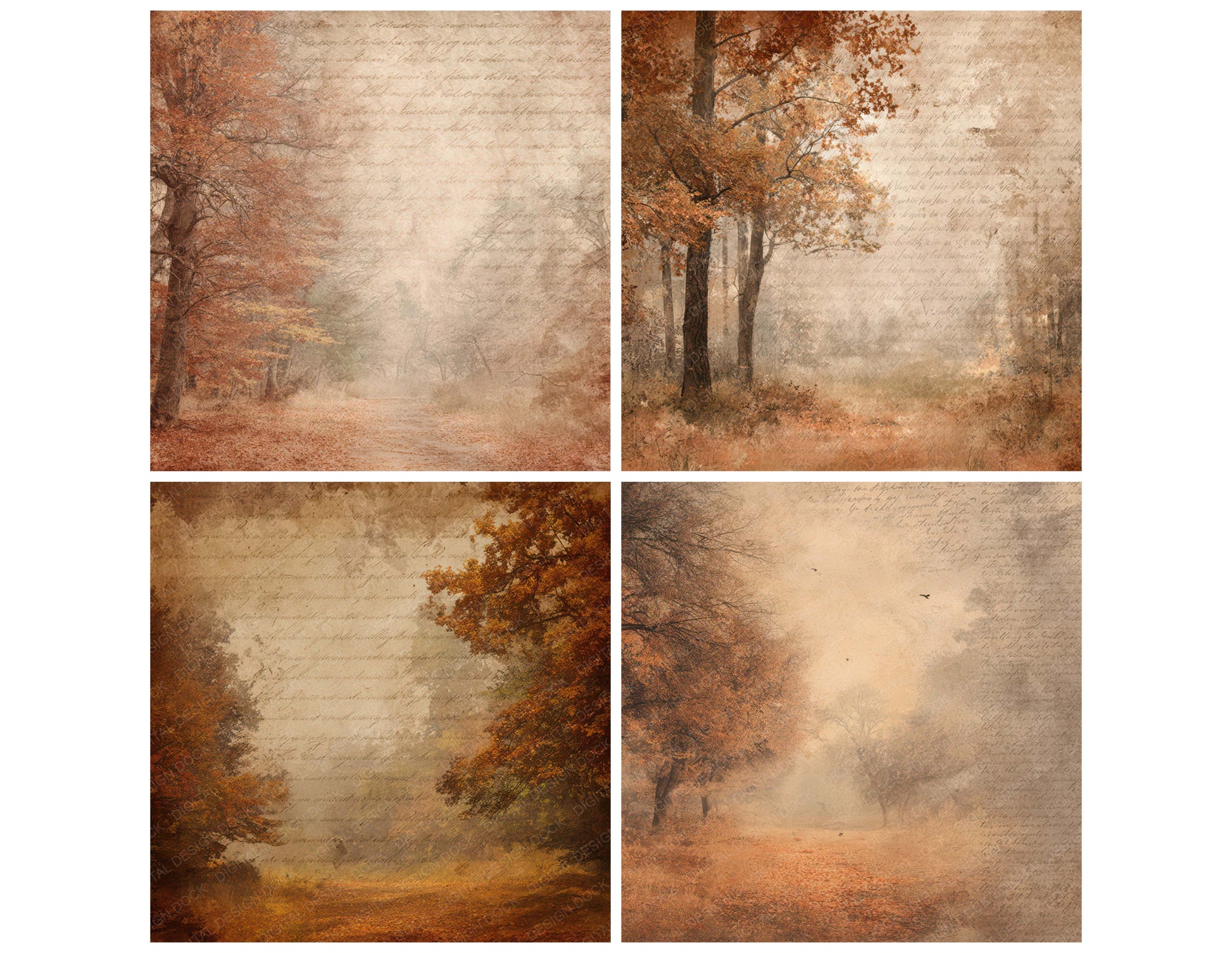 Close view of Vintage Autumn Woodland Scene background papers highlighting collage composition and cohesive colour tones