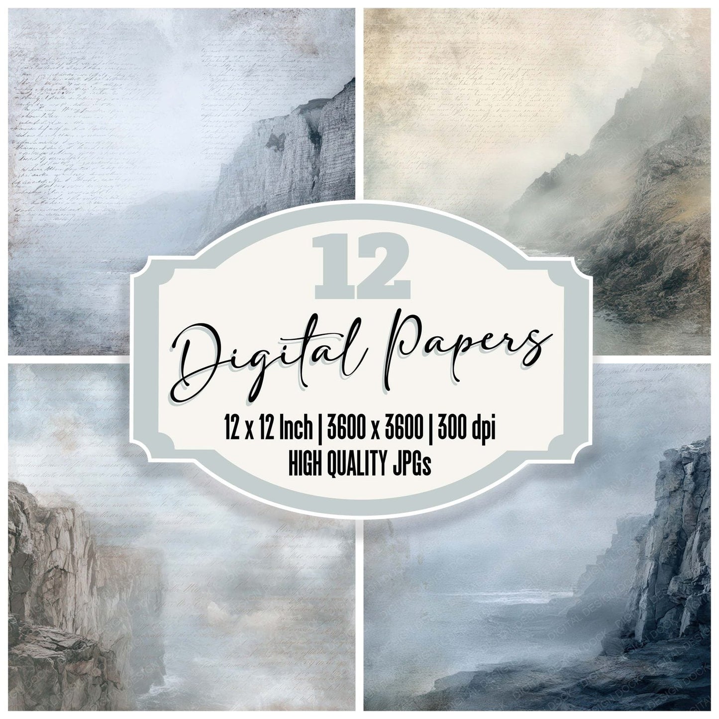 Vintage Foggy Cliff Coast Scene Digital Paper Pack (DDD012191)