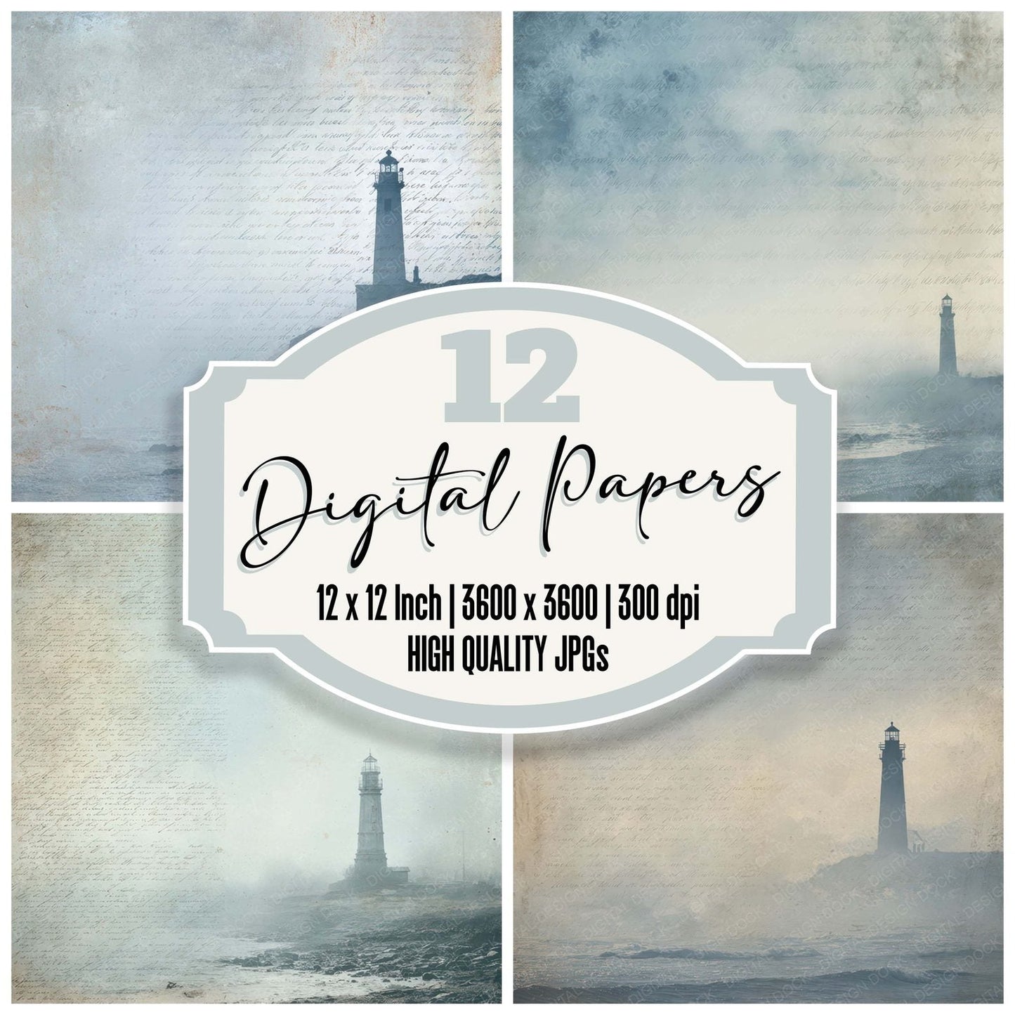 Vintage Lighthouse Coastal Scene Digital Paper Pack (DDD012192)