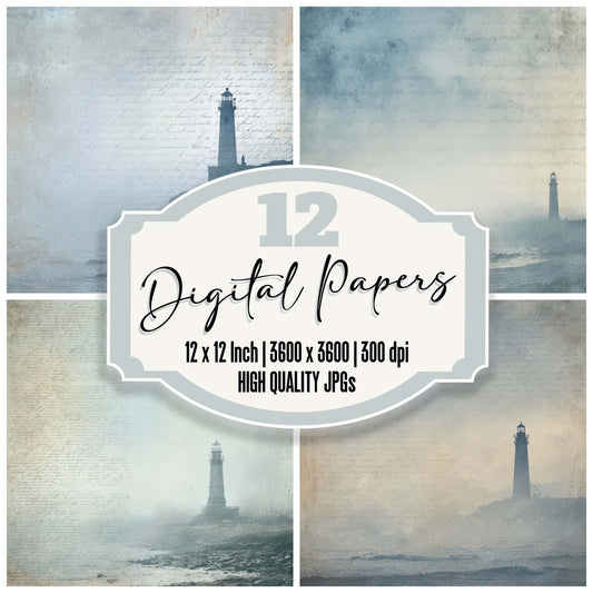 Vintage Lighthouse Coastal Scene Digital Paper Pack (DDD012192)