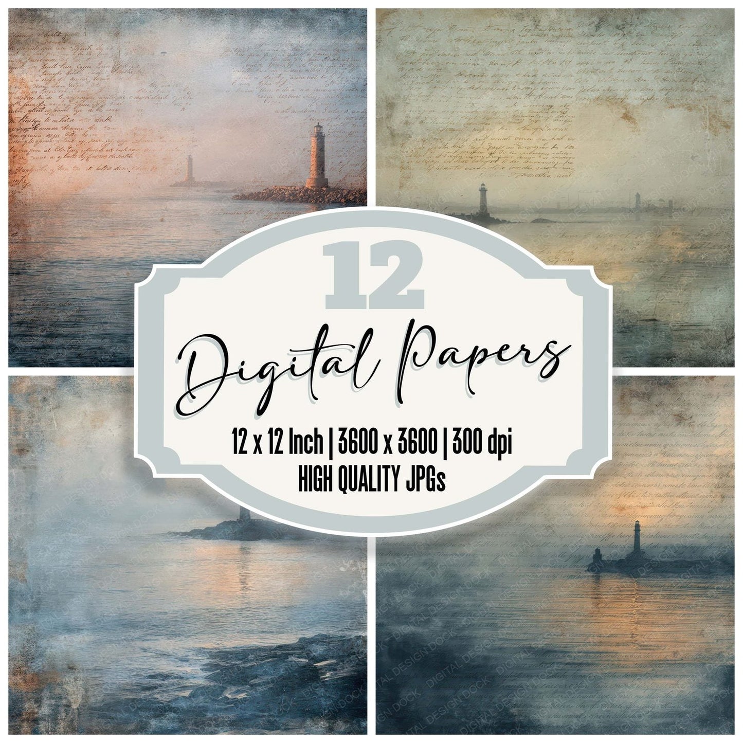 Vintage Lighthouse Dusk Scene Digital Paper Pack (DDD012193)