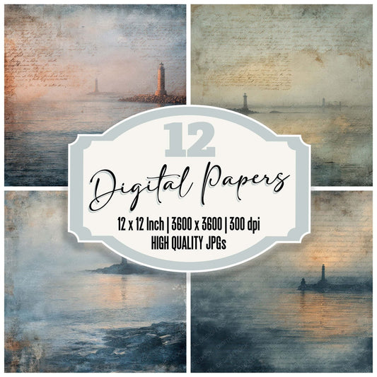 Vintage Lighthouse Dusk Scene Digital Paper Pack (DDD012193)
