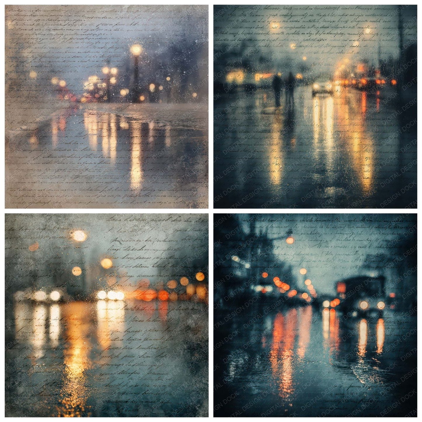 Vintage Rainy Street Reflection Scene Digital Paper Pack (DDD012198)