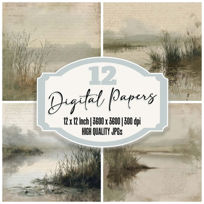 Vintage Riverbank Reed Scene Digital Paper Pack (DDD012200)