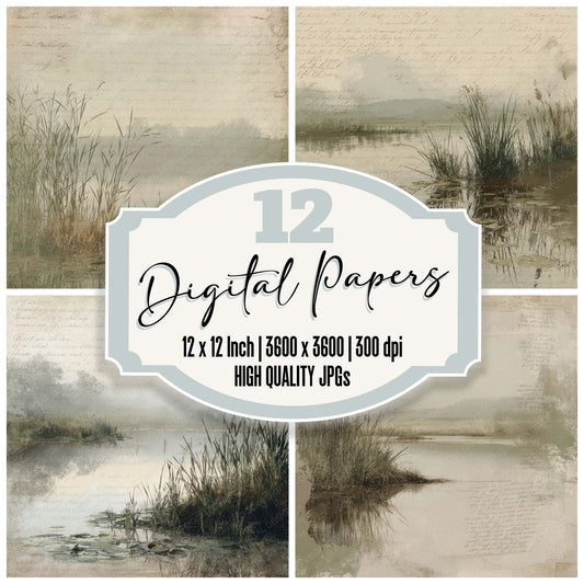 Vintage Riverbank Reed Scene Digital Paper Pack (DDD012200)