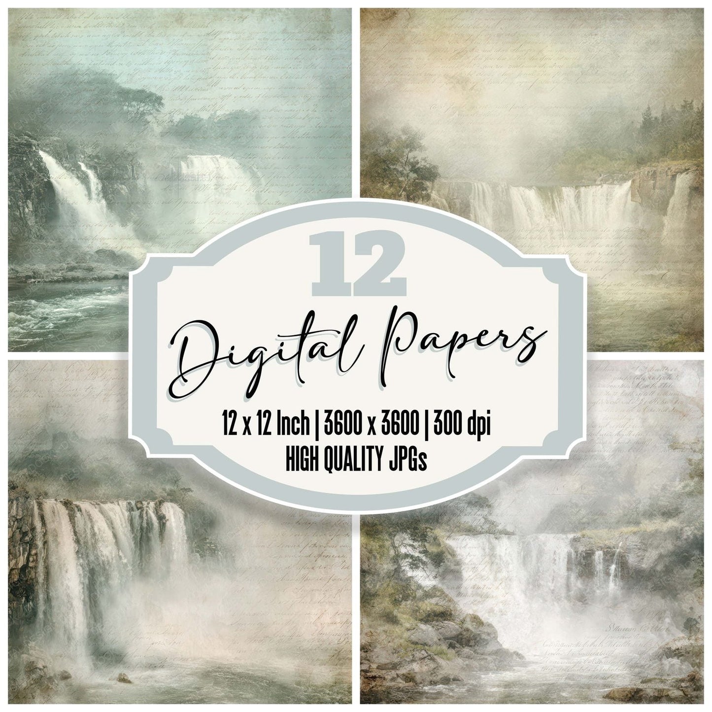 Vintage Waterfall Mist Scene Digital Paper Pack (DDD012203)