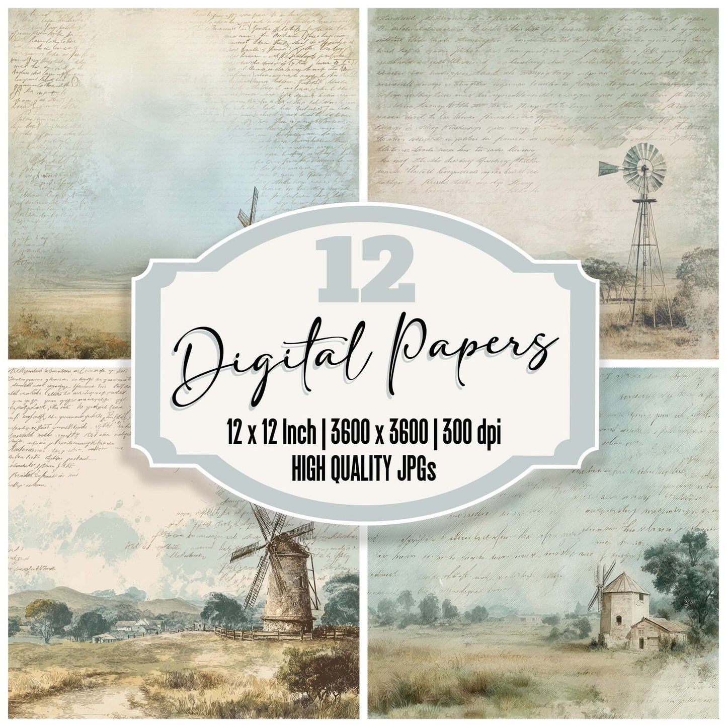 Vintage Windmill Countryside Scene Digital Paper Pack (DDD012204)