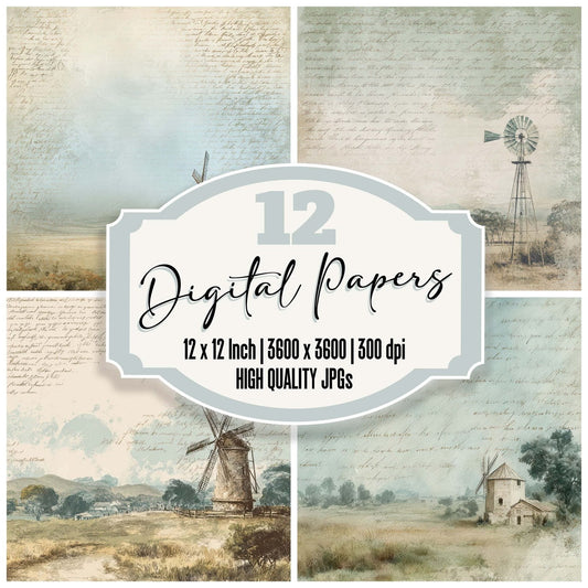 Vintage Windmill Countryside Scene Digital Paper Pack (DDD012204)