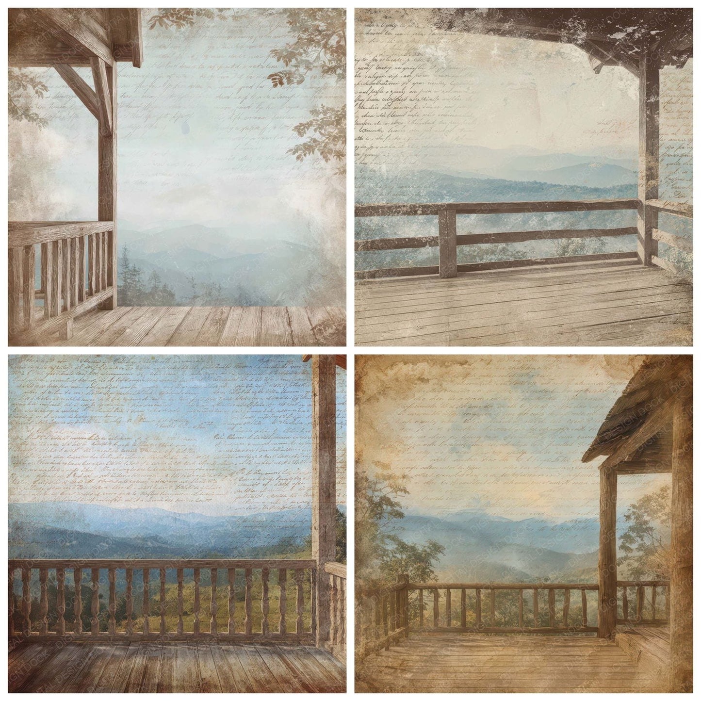 Old Cabin Porch Mountain Scene Digital Paper Pack (DDD012205)