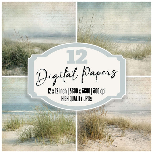 Vintage Coastal Dune Grass Scene Digital Paper Pack (DDD012214)